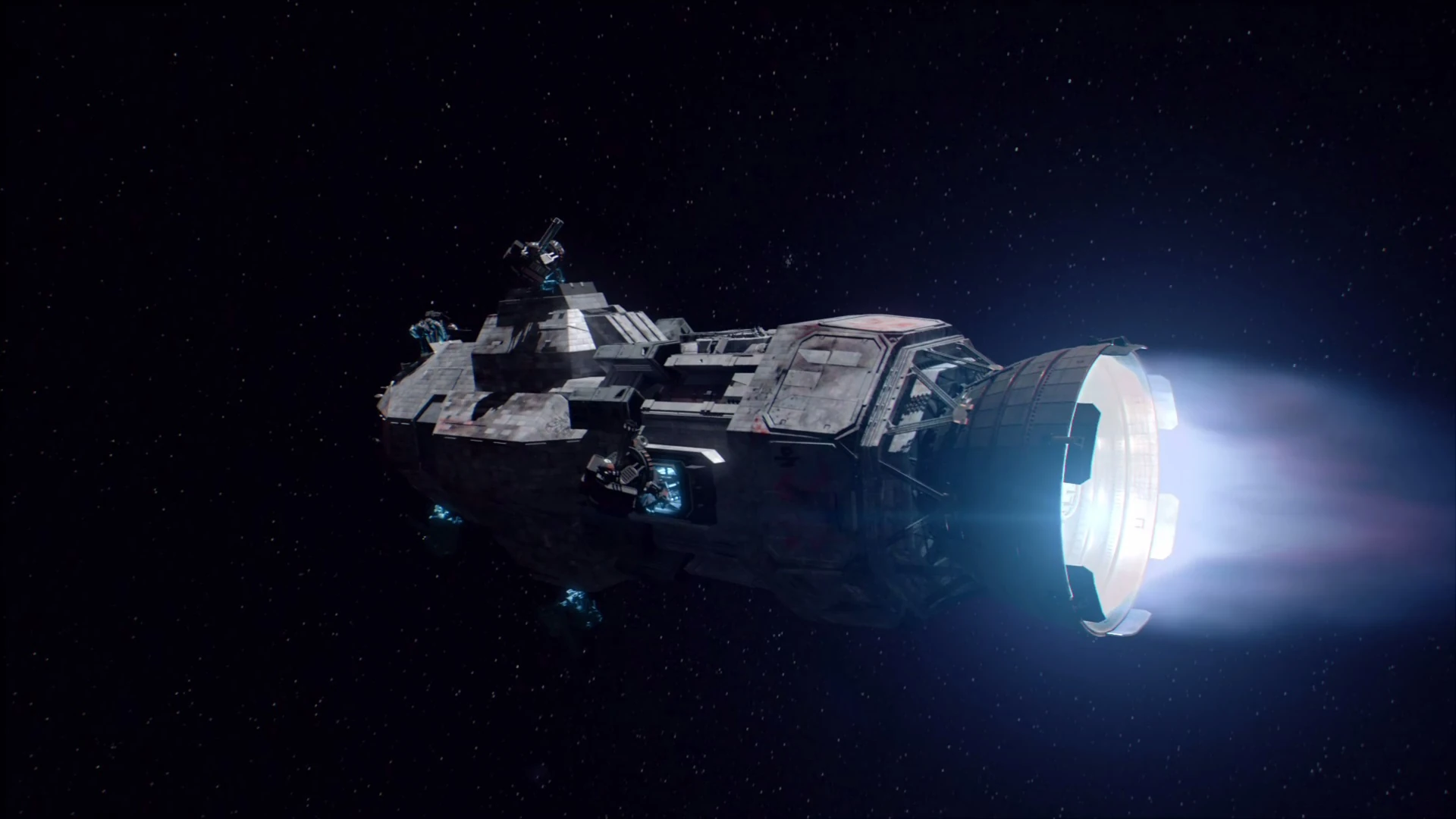 Rocinante in flight with PDCs deployed, Season 3 screenshot