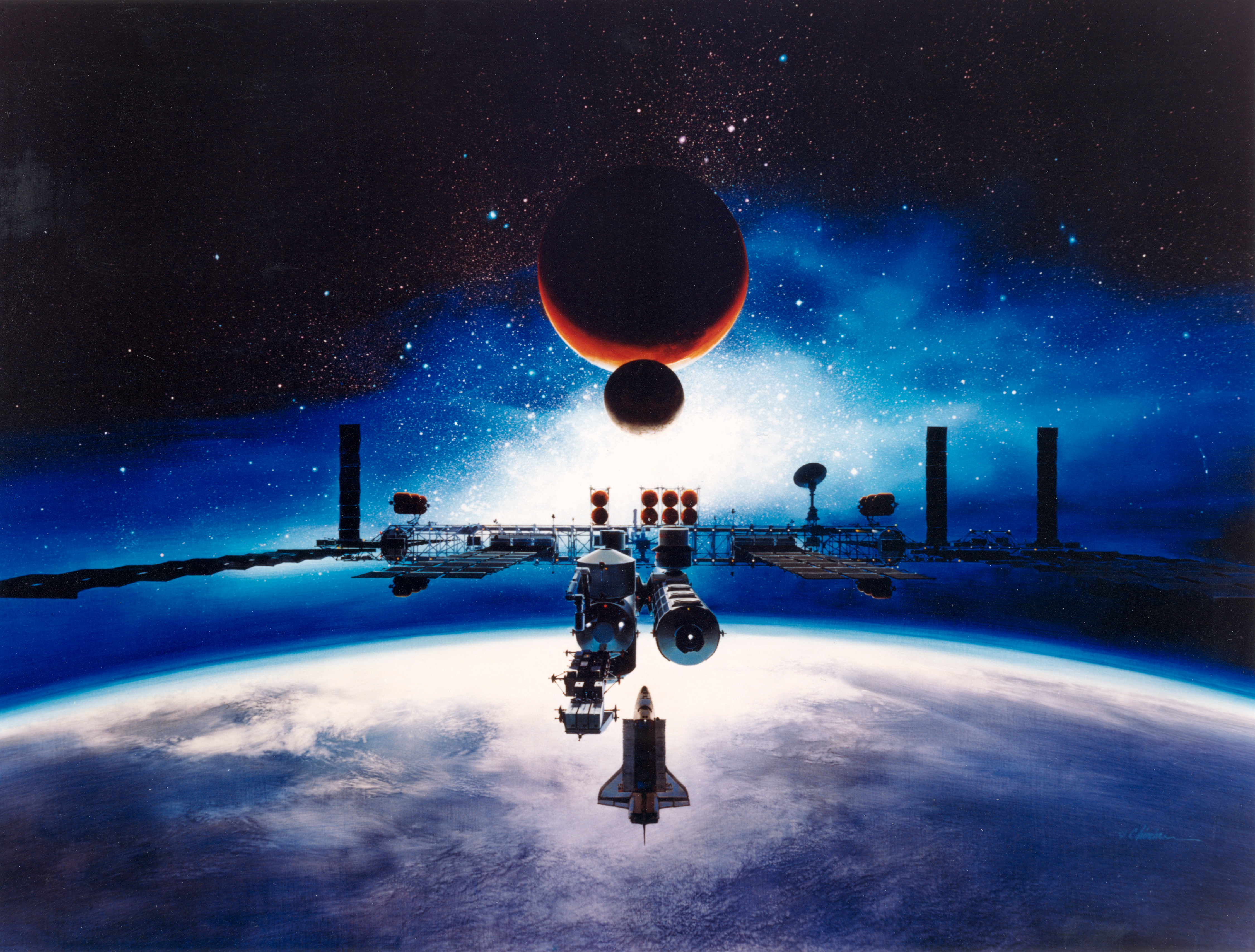 Space station concept art, evoking UN orbital infrastructure