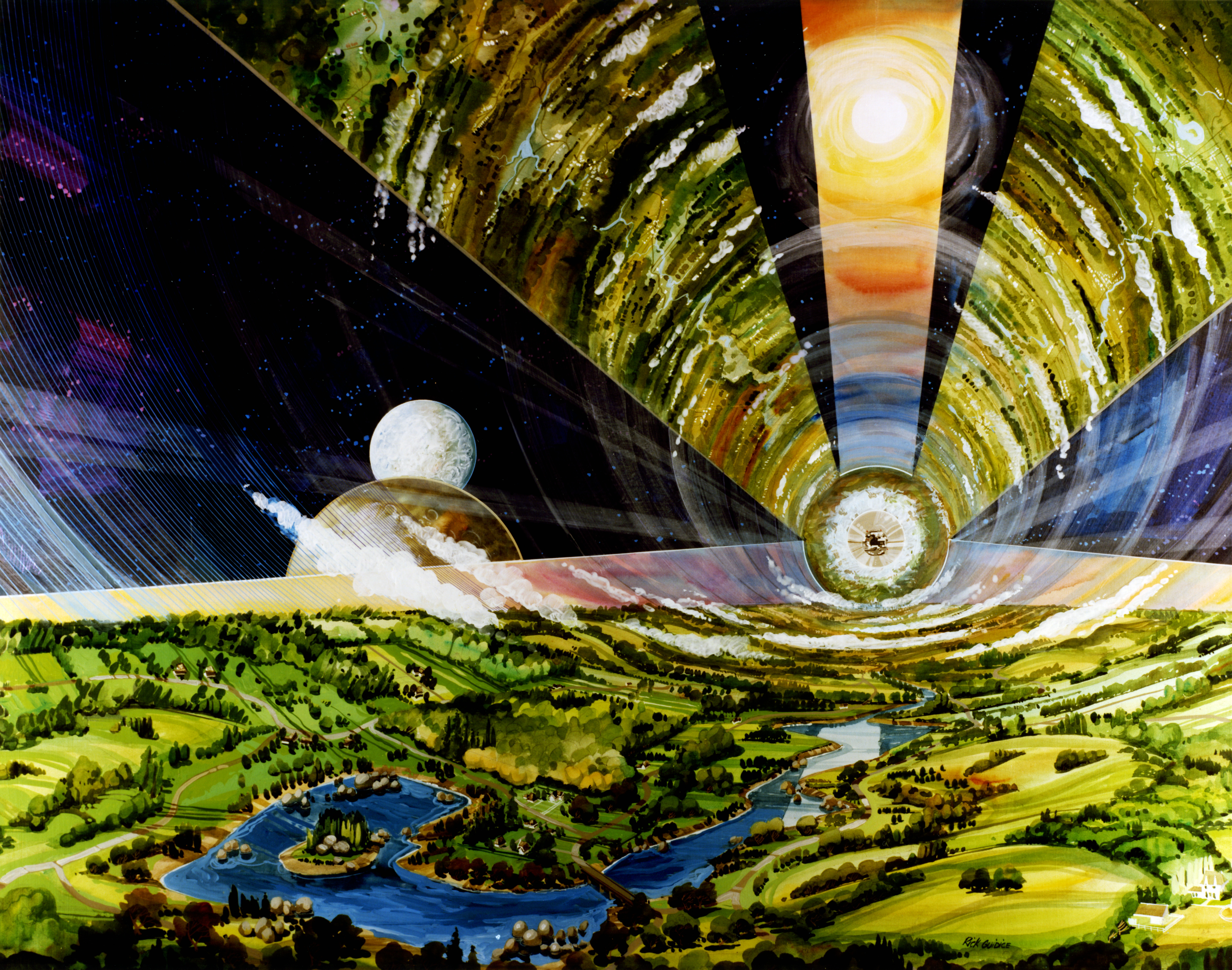 Interior of an O'Neill cylinder space habitat, evoking the spin-gravity stations of the Belt